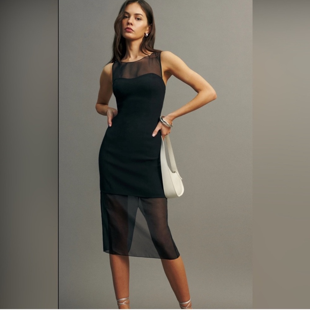Reformation Black Midi Dress with Sheer Detail